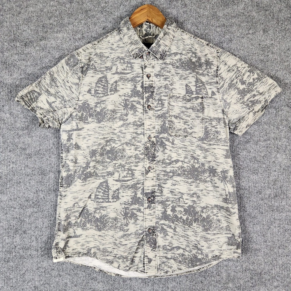 The Roark Revival Shirt Mens Large Gray Beige Scenic Graphic Short Sleeve